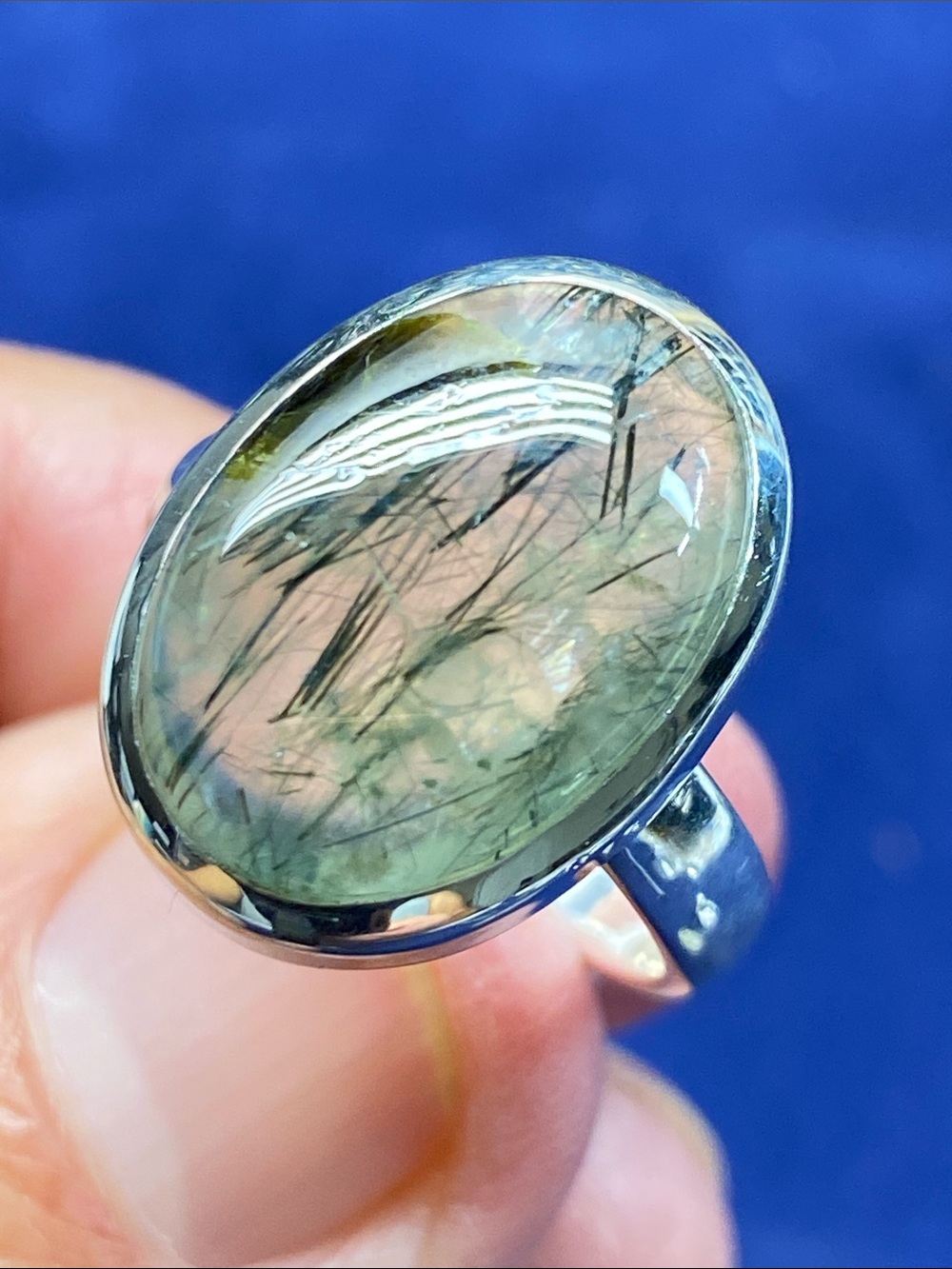 Sterling Silver Ring with Green Rutilated Quartz Oval Stone
